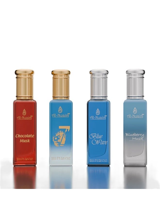 Al Nuaim French 4 EDP Gift Set Unisex (4 x 20ml) | Chocolate Musk, Blueberry Musk, Blue Wave 07 Eau de Parfum | Long Lasting Multi Fragrance Luxury Perfume Collection for Men & Women - Image 2