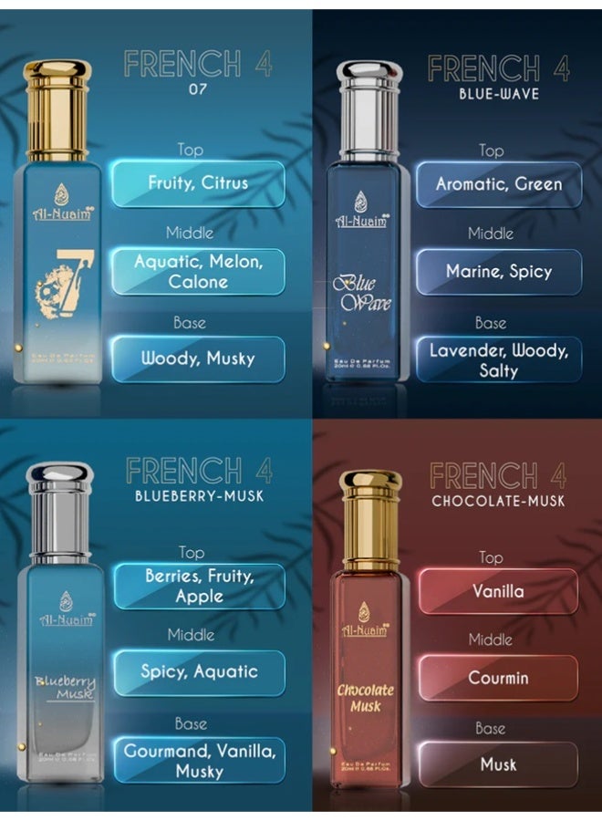 Al Nuaim French 4 EDP Gift Set Unisex (4 x 20ml) | Chocolate Musk, Blueberry Musk, Blue Wave 07 Eau de Parfum | Long Lasting Multi Fragrance Luxury Perfume Collection for Men & Women - Image 3