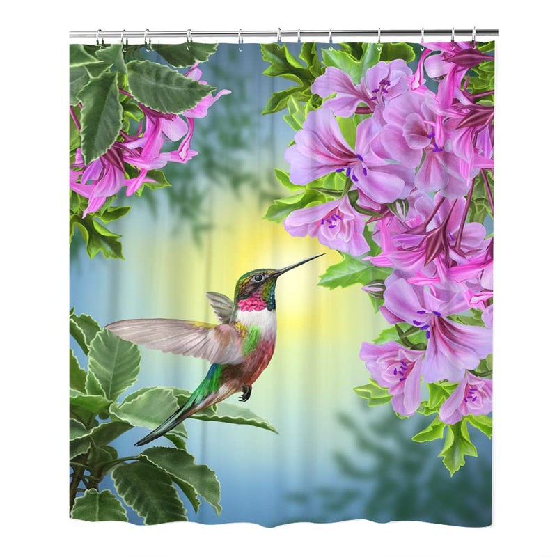 LOKMU Shower Curtain Hummingbirds and Flowers Waterproof Machine Washable Fabric Bathroom Decor Bath Curtains with Hooks 72 x 72 Inches