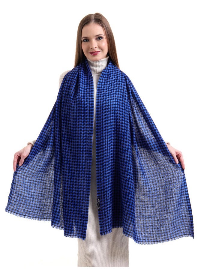 EH 100% Pure Cashmere scarf, stole Houndstooth, warm large buttery soft Pashmina (COBALT BLUE & BLACK) - Image 5