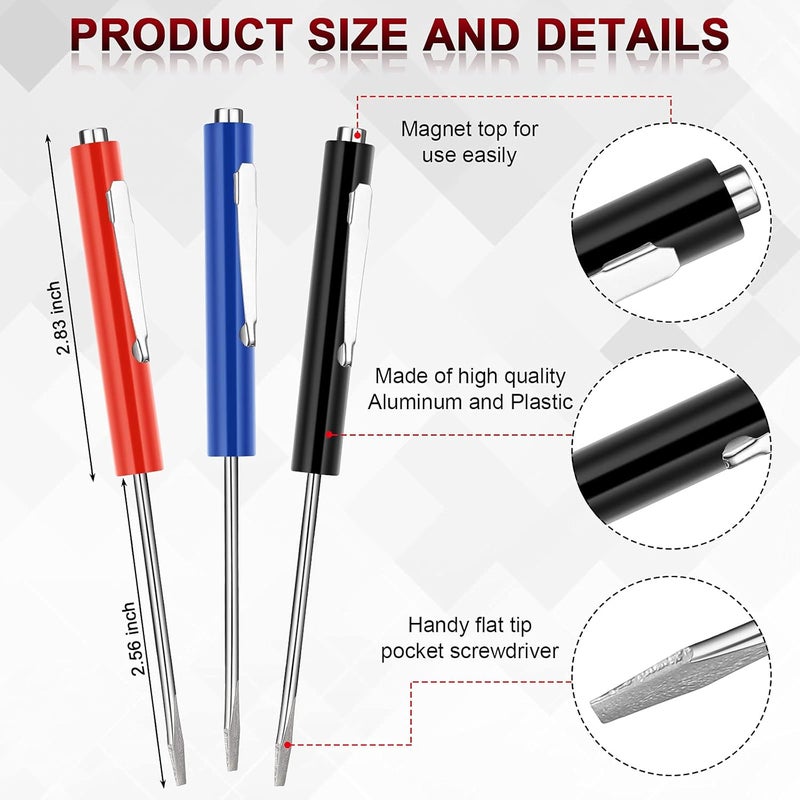Chumia 12 Pieces Mini Tops and Pocket Clips Pocket Screw Driver Magnetic Pocket Screw Driver with Single Blade Head Pocket Screwdriver Set for Mechanical Electrician Electronics Technician, Red, Blue, Black - Image 2