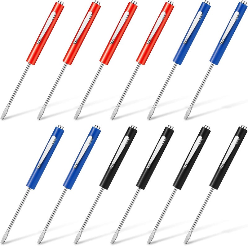 Chumia 12 Pieces Mini Tops and Pocket Clips Pocket Screw Driver Magnetic Pocket Screw Driver with Single Blade Head Pocket Screwdriver Set for Mechanical Electrician Electronics Technician, Red, Blue, Black - Image 1