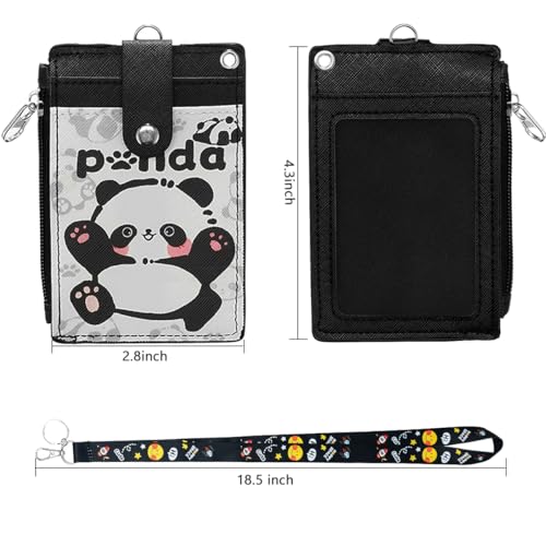 HASFINE ID Badge Holder with Lanyard,Cute Panda Work Badge with Zipper Pocket, 2-Sided Functional Card Wallet with 3 Card Slots and Detachable Keychain for Teacher Student Nurse Worker (Black) - Image 3