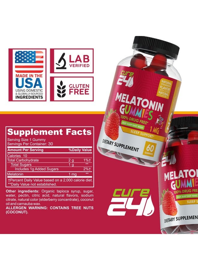 Cure24 Cure24 Kids Melatonin Gummy, Effective 1MG Sleep Gummies Supplement for Children 3+, Drug-Free, Natural Fruity Strawberry Flavor, Made in USA  - Image 4