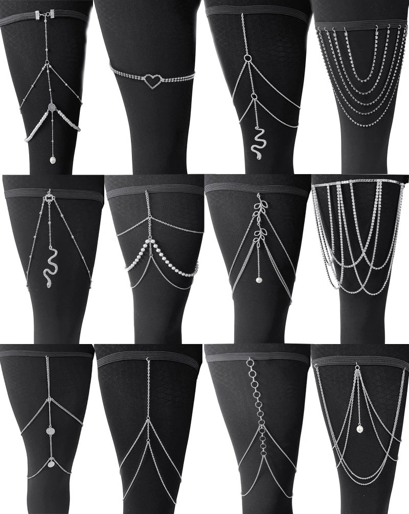 Tornito 12Pcs Thigh Chains Snake Heart Pearl CZ Leg Chain Boho Layered Body Chain Summer Beach Party Body Jewelry for Women Silver Tone - Image 1