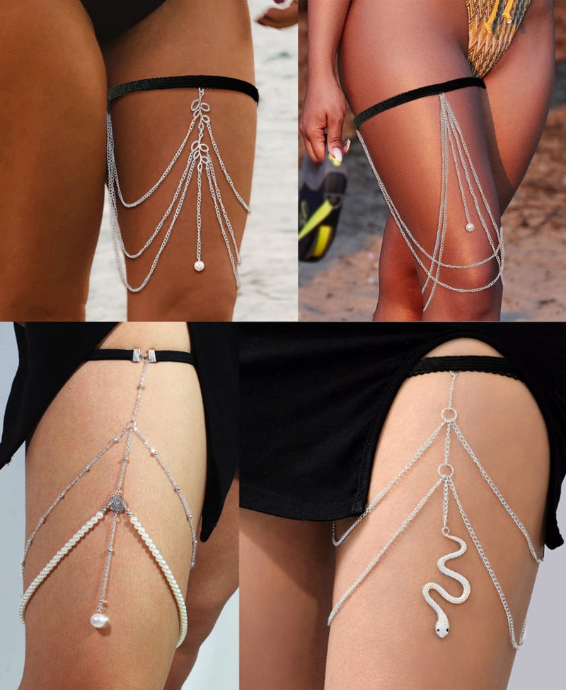 Tornito 12Pcs Thigh Chains Snake Heart Pearl CZ Leg Chain Boho Layered Body Chain Summer Beach Party Body Jewelry for Women Silver Tone - Image 4