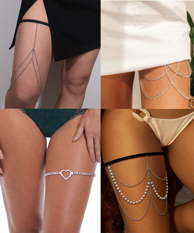 Tornito 12Pcs Thigh Chains Snake Heart Pearl CZ Leg Chain Boho Layered Body Chain Summer Beach Party Body Jewelry for Women Silver Tone - Image 3