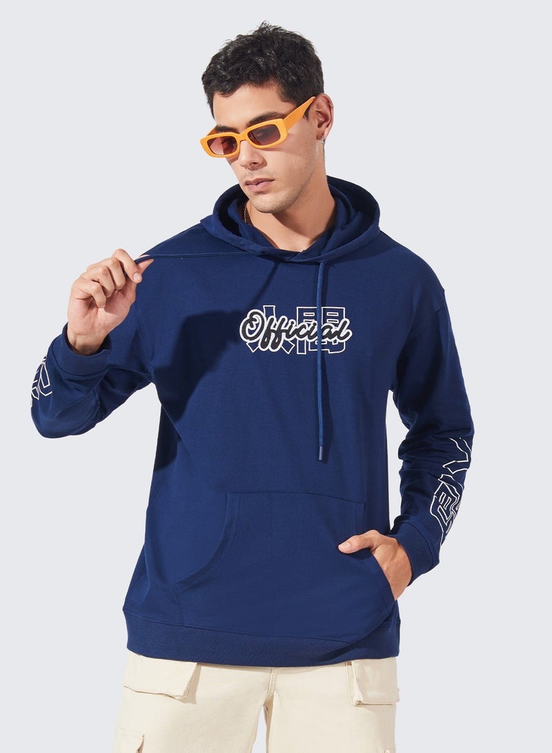 مانياك سويت شيرت قطن رجالي بغطاء رأس وطبعة - كحلي - Image 1