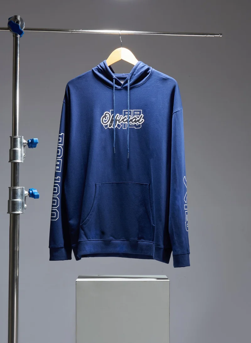 Maniac Maniac Mens Printed Hooded Neck Full Sleeve Navy Blue and Blue Cotton Sweatshirt