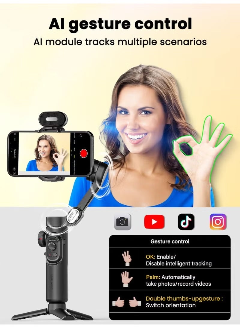 اوتشوان مثبت الهاتف الذكي Smart XE AI Gimbal - تتبع الذكاء الاصطناعي بدون تطبيق، التحكم بالإيماءات، 360 درجة بداية، حامل ثلاثي قابل للطي بثلاثة محاور، متوافق مع iPhone وAndroid، أسود - Image 3