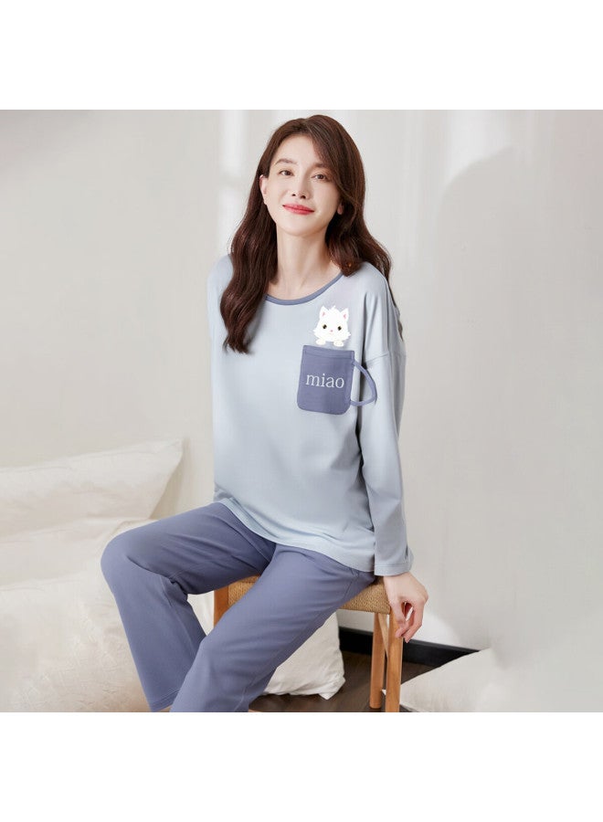 Dingguagua Dingguagua Women's Pure Cotton Spring Summer Round Neck Long Sleeve Sleepwear Homewear Set 21640 160