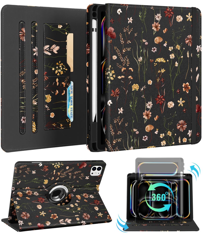 Kidcube for iPad Pro 11 Inch Case M4 2024 5th Generation - Women Girls Cute Rotating Stand Folio Cover with Pencil Holder & Card Slot Girly Flowers Floral Design for iPad Pro 11'' Case 2024 M4 5th Gen - Image 1