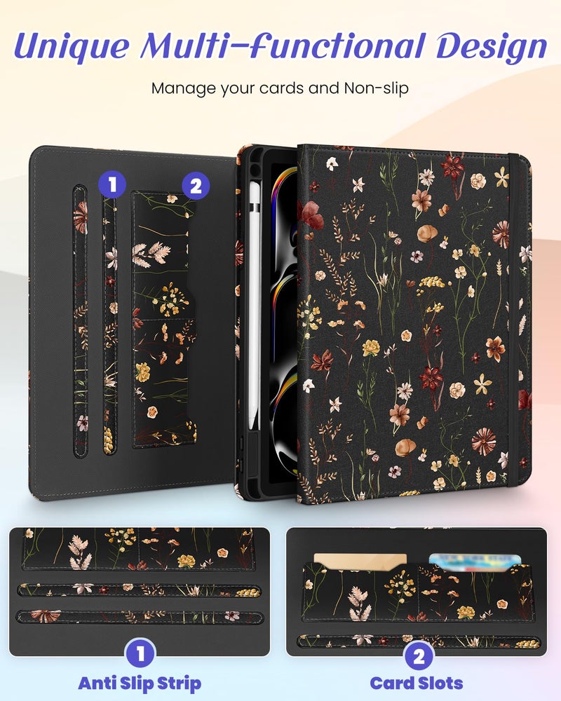 Kidcube for iPad Pro 11 Inch Case M4 2024 5th Generation - Women Girls Cute Rotating Stand Folio Cover with Pencil Holder & Card Slot Girly Flowers Floral Design for iPad Pro 11'' Case 2024 M4 5th Gen - Image 3