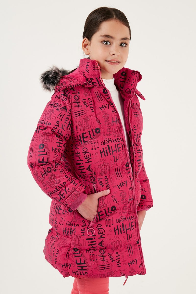 Lela Faux Fur Collar Text Printed Removable Hooded Plush Lined Winter Coat Girl's Coat 5761984  - Image 2