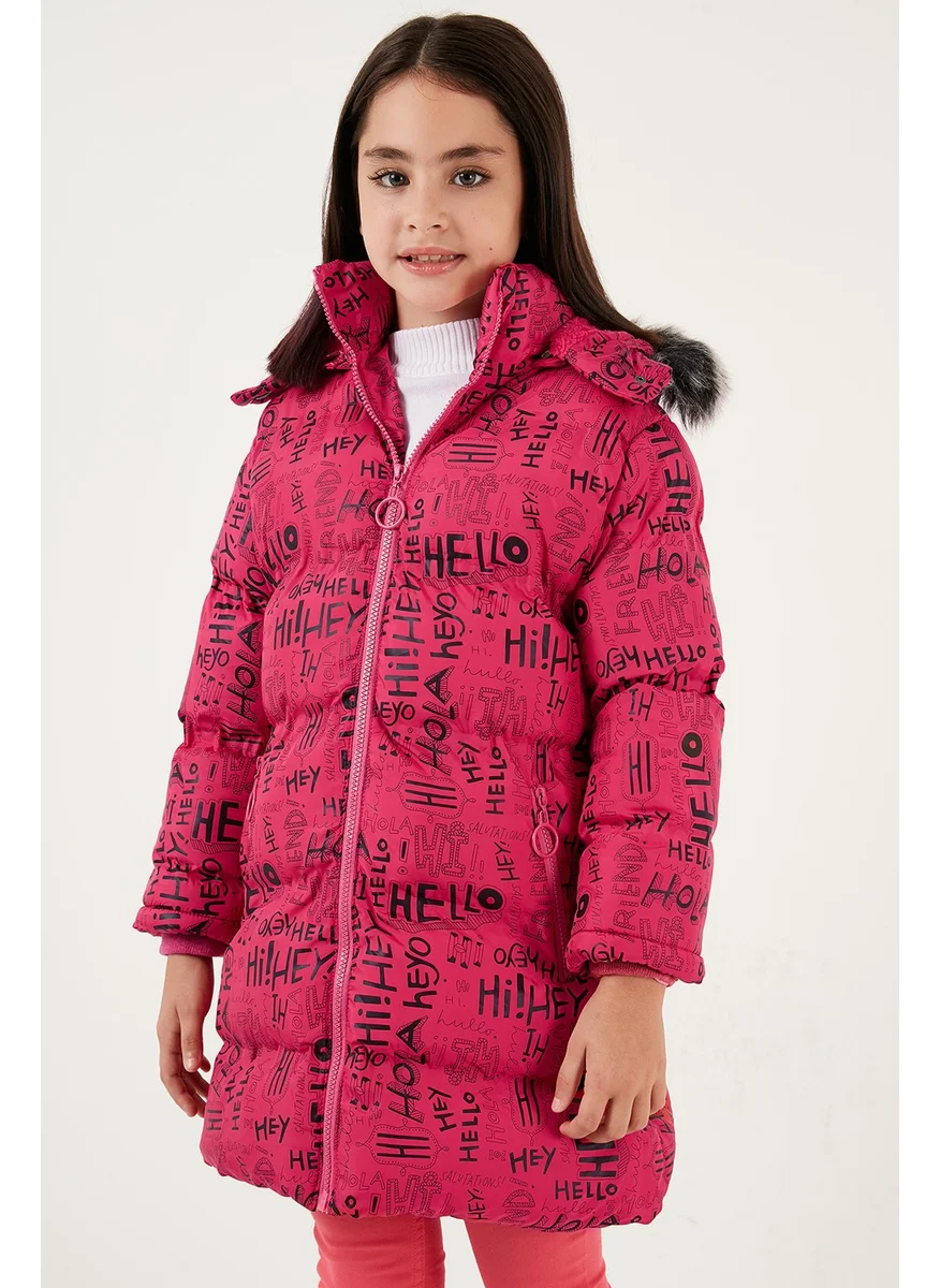 Lela Faux Fur Collar Text Printed Removable Hooded Plush Lined Winter Coat Girl's Coat 5761984