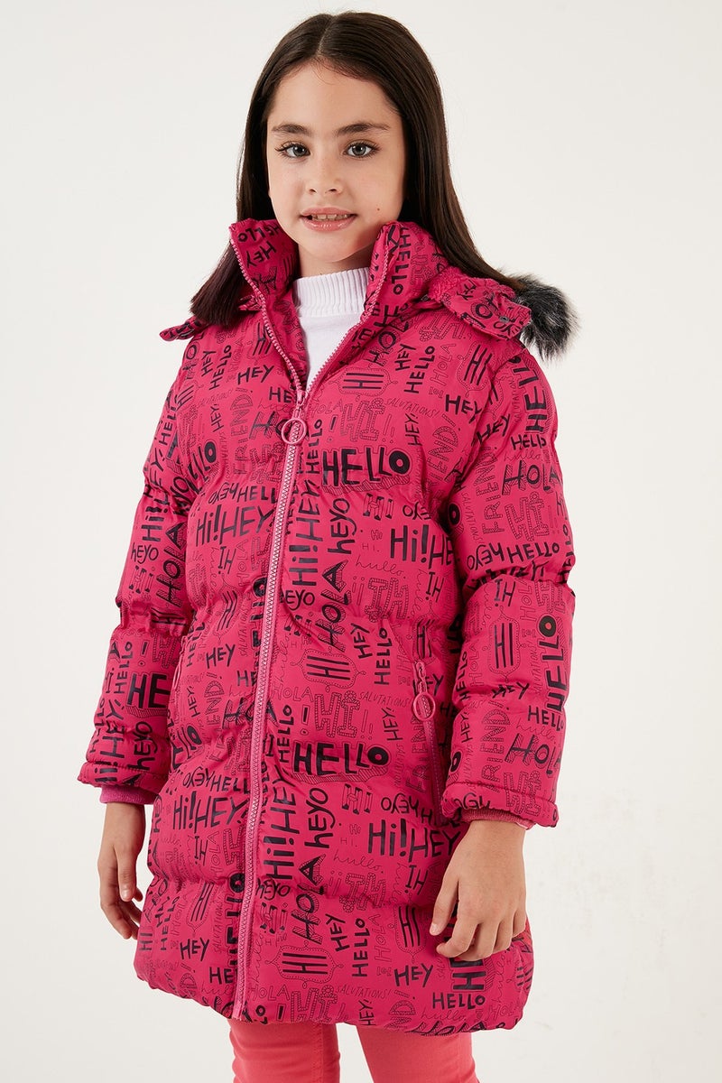 Lela Faux Fur Collar Text Printed Removable Hooded Plush Lined Winter Coat Girl's Coat 5761984  - Image 3