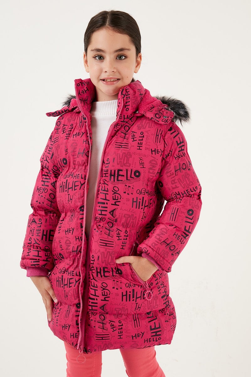 Lela Faux Fur Collar Text Printed Removable Hooded Plush Lined Winter Coat Girl's Coat 5761984  - Image 1