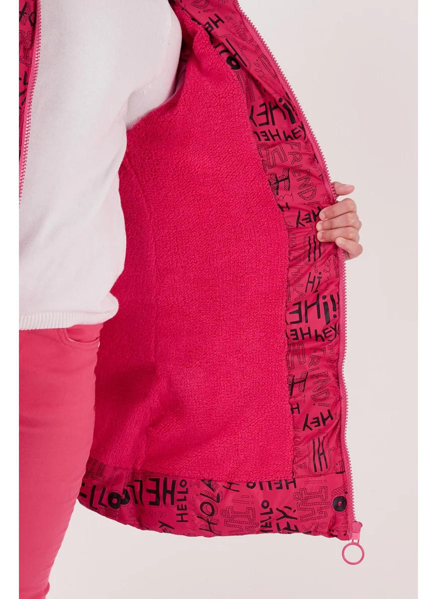 Lela Faux Fur Collar Text Printed Removable Hooded Plush Lined Winter Coat Girl's Coat 5761984