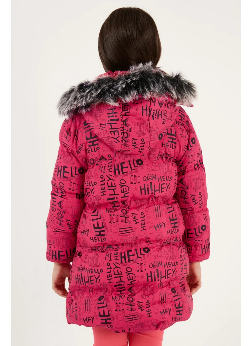 Lela Faux Fur Collar Text Printed Removable Hooded Plush Lined Winter Coat Girl's Coat 5761984