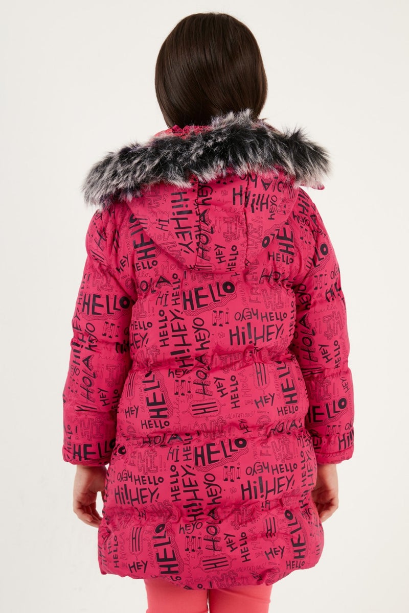 Lela Faux Fur Collar Text Printed Removable Hooded Plush Lined Winter Coat Girl's Coat 5761984  - Image 5