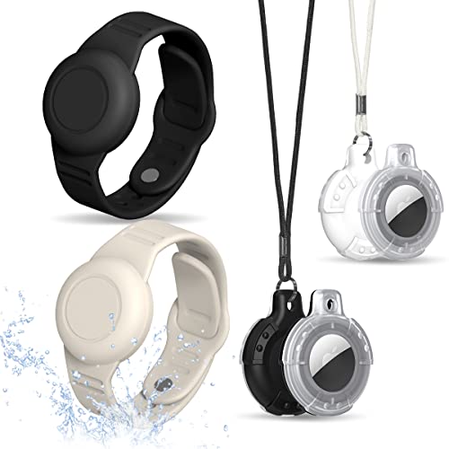 TOLUOHU AirTag Case, Waterproof AirTag Bracelet & Necklace for Kids, Soft Silicone Air Tag Holder with Key Ring (Black+ Beige, White) - Image 1