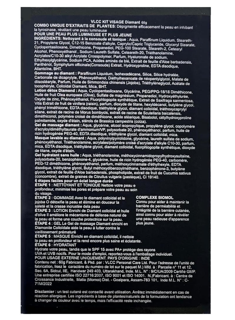 VLCC Diamond Facial Kit - 60g | Skin purifying with Parlour Glow | Improves Skin Elasticity, Brightens and Lightens Patchy Damaged Skin | With Colloidal Diamond, Jojoba Oil, Olive Oil & Aloe Vera. - Image 3