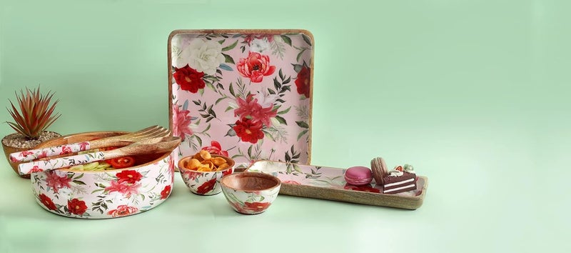 A Vintage Affair A VINTAGE AFFAIR Home Decor Wooden Decorative Vintage Floaral Wooden Salad Bowls with Servers Set for Home Office Special Occasion Gift and Birthday Pink - Image 3
