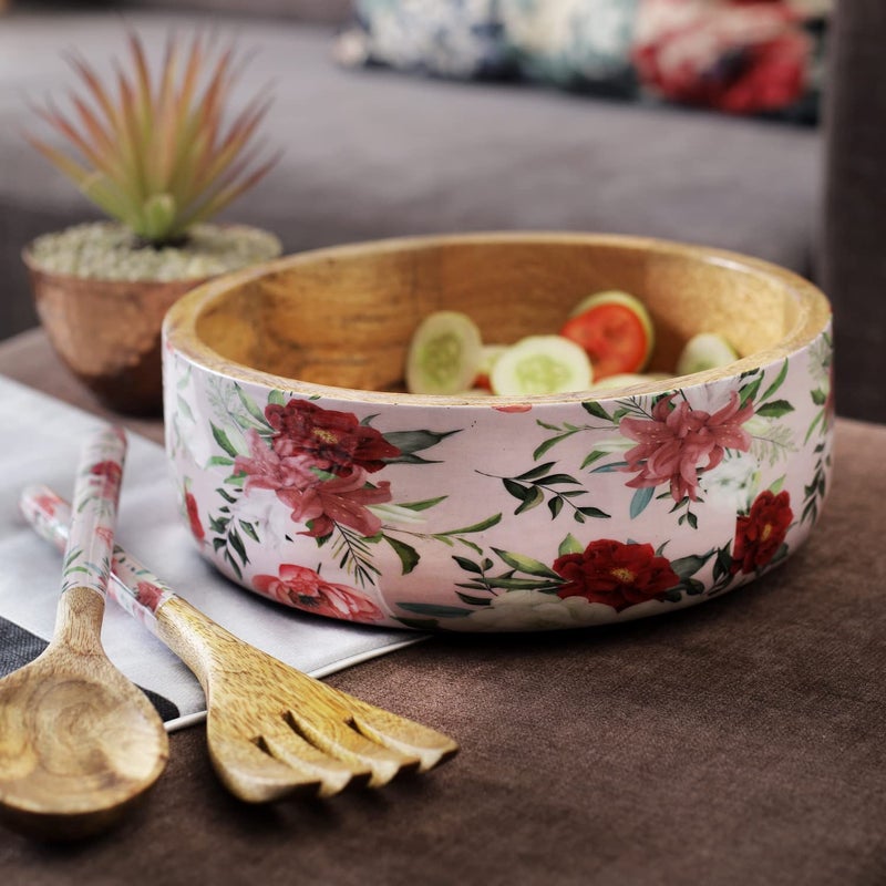 A Vintage Affair A VINTAGE AFFAIR Home Decor Wooden Decorative Vintage Floaral Wooden Salad Bowls with Servers Set for Home Office Special Occasion Gift and Birthday Pink - Image 2