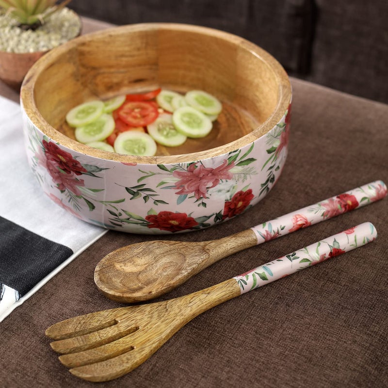 A Vintage Affair A VINTAGE AFFAIR Home Decor Wooden Decorative Vintage Floaral Wooden Salad Bowls with Servers Set for Home Office Special Occasion Gift and Birthday Pink - Image 1