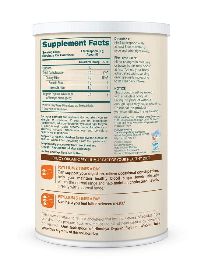 Organic Psyllium Whole Husk For Daily Fiber And Cholesterol Support 12 Oz 56 Tablespoon Supply