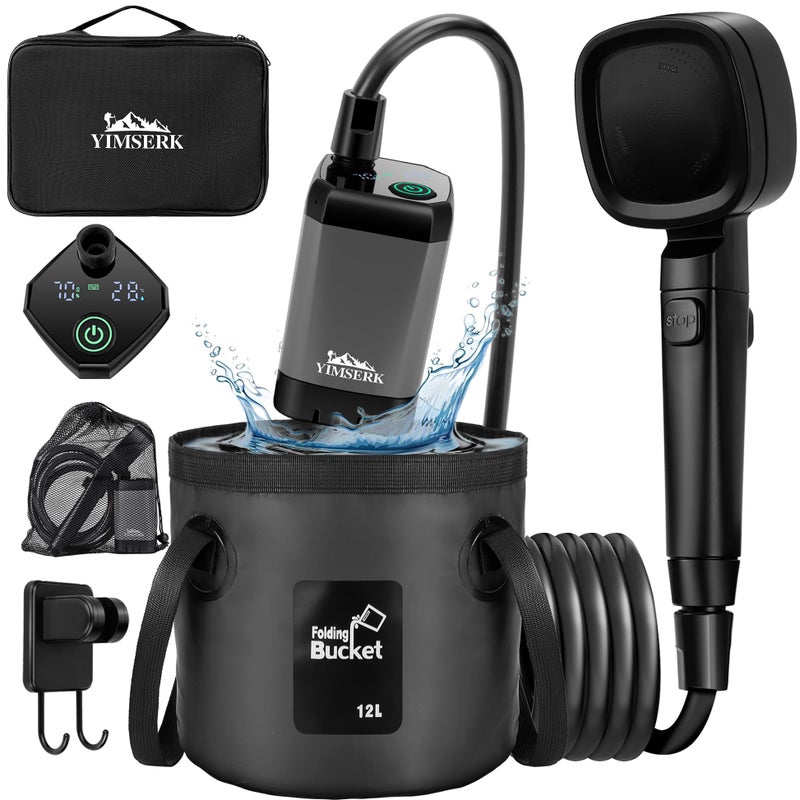Yimserk 7800mAh Portable Shower for Camping Rechargeable Outdoor Shower Kit with 12L Foldable Bucket Handbag Filtered Shower Head IPX7 Waterproof Shower Pump for Camp Hiking Car Washing Pet Bath - Image 2