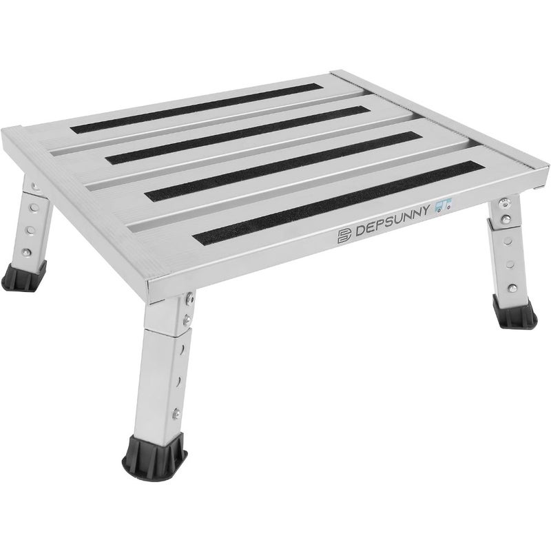 Adjustable Height Aluminum RV Step Stable Foldable Platform Stool Supports Up to 1000 lb Non-Slip Rubber Feet and Platform Mat Easy to Carry For RV, Camper, Travel, Home - Image 1