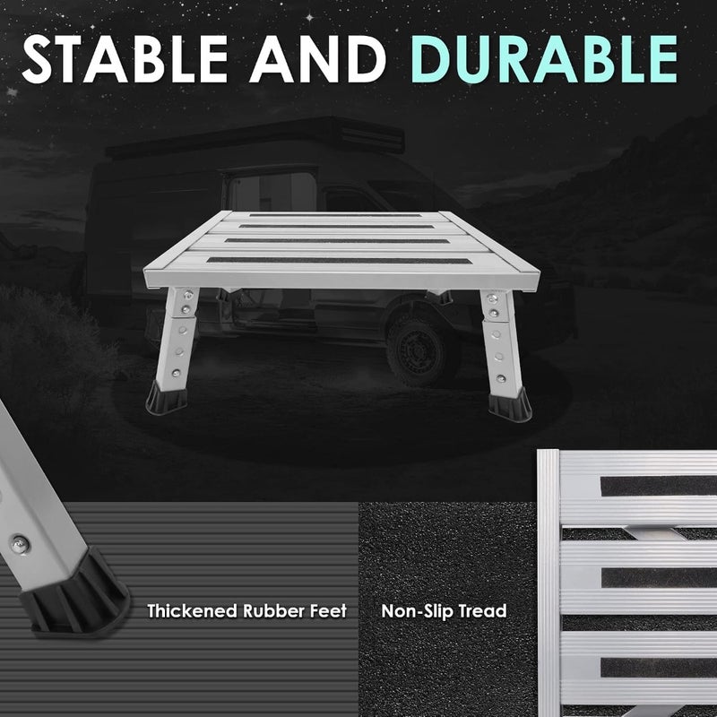 Adjustable Height Aluminum RV Step Stable Foldable Platform Stool Supports Up to 1000 lb Non-Slip Rubber Feet and Platform Mat Easy to Carry For RV, Camper, Travel, Home - Image 3