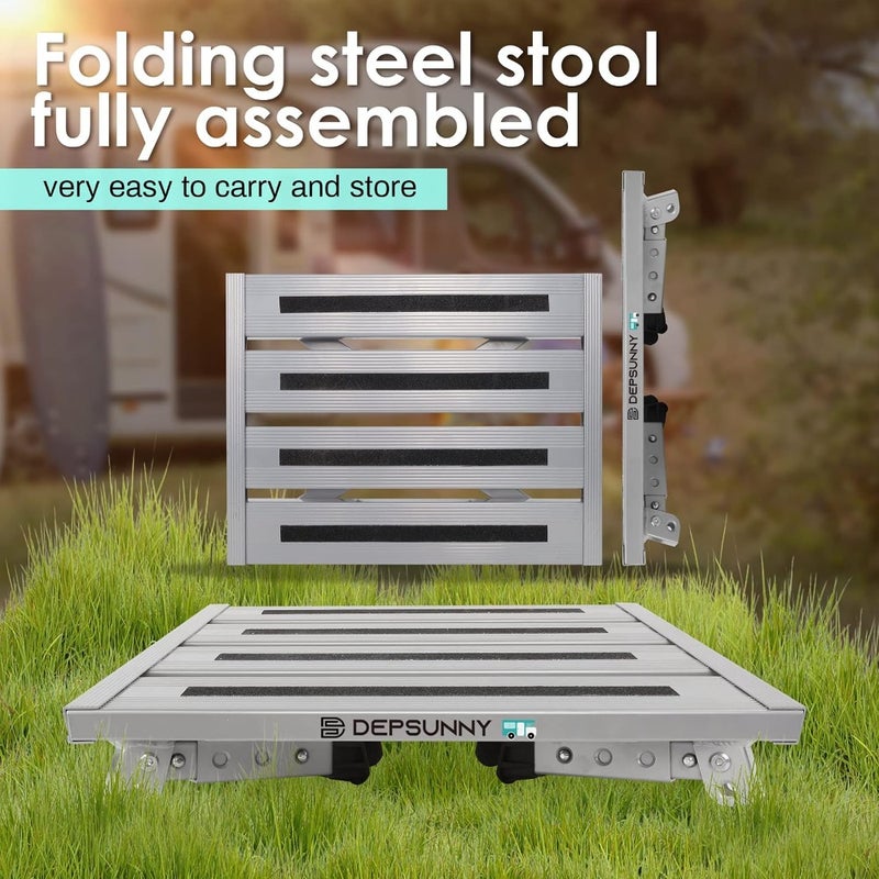 Adjustable Height Aluminum RV Step Stable Foldable Platform Stool Supports Up to 1000 lb Non-Slip Rubber Feet and Platform Mat Easy to Carry For RV, Camper, Travel, Home - Image 4
