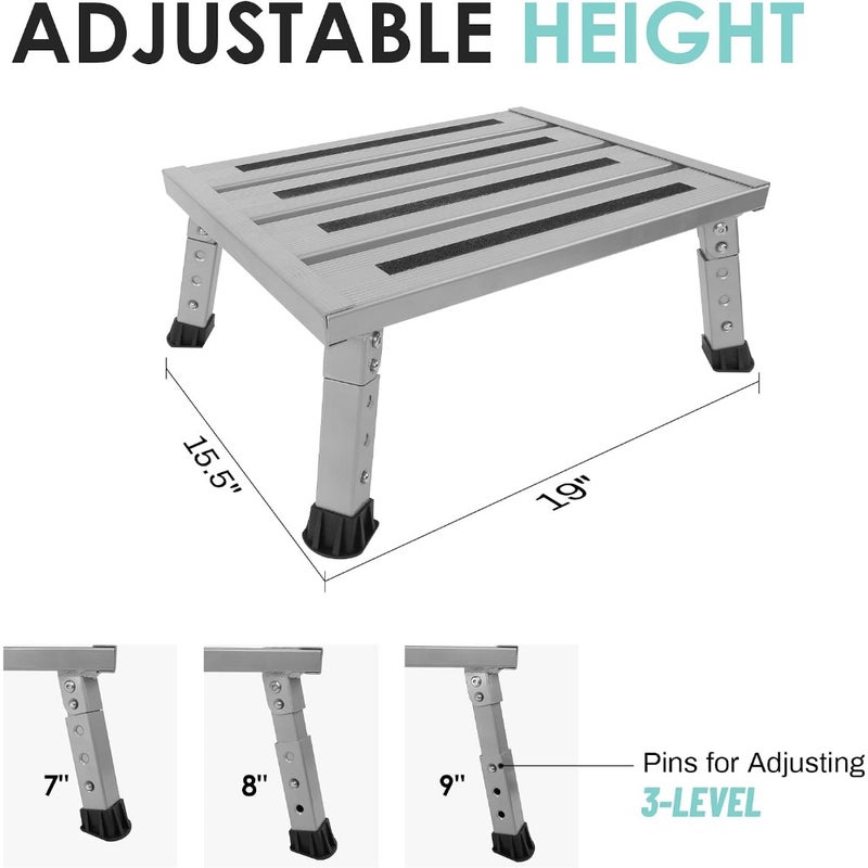 Adjustable Height Aluminum RV Step Stable Foldable Platform Stool Supports Up to 1000 lb Non-Slip Rubber Feet and Platform Mat Easy to Carry For RV, Camper, Travel, Home - Image 2