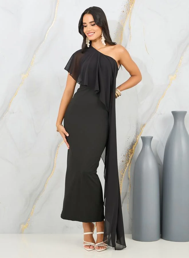 Styli Ruffle One Shoulder Sleeves Bodycon Maxi Dress