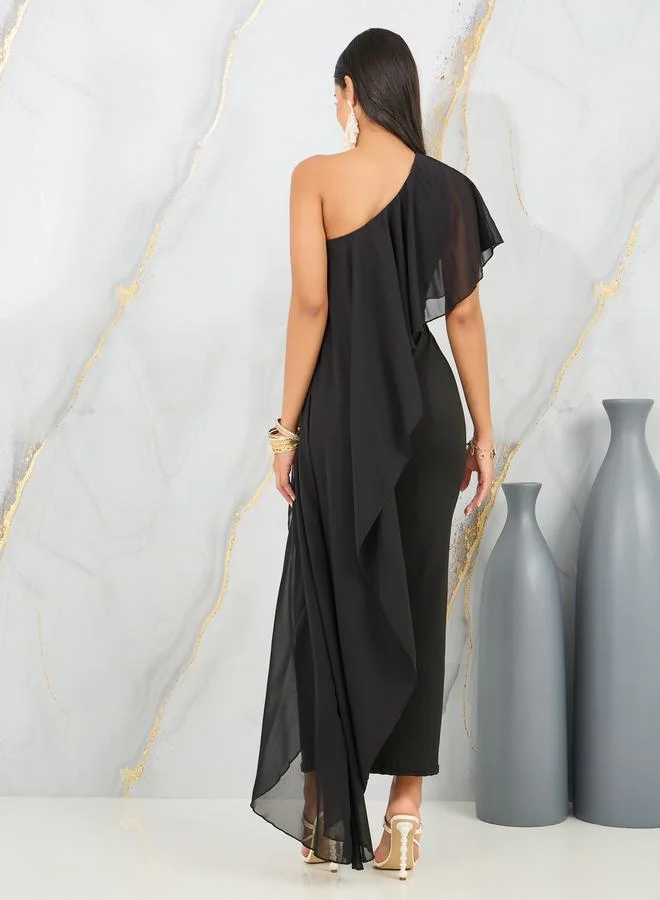 Styli Ruffle One Shoulder Sleeves Bodycon Maxi Dress