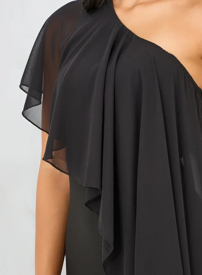 Styli Ruffle One Shoulder Sleeves Bodycon Maxi Dress