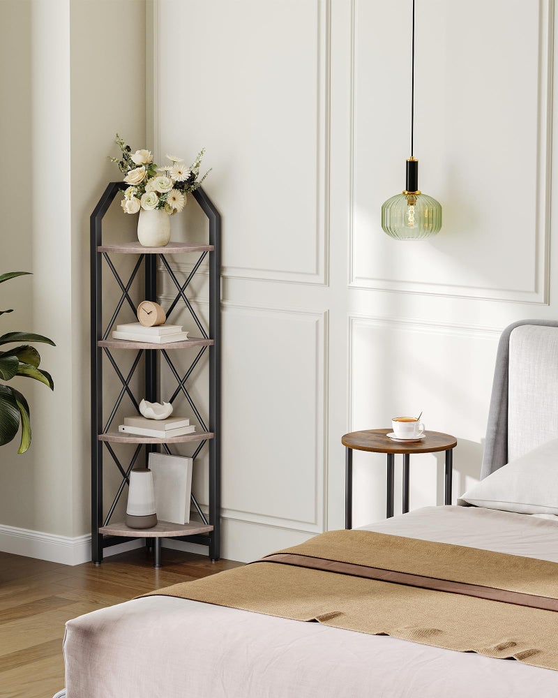 CHOEZON 4-Tier Corner Shelf, Industrial Corner Bookshelf, 47.6" Corner Storage Stand, Plant Stand Display Shelf, Corner Bookcase for Bedroom, Living Room, Home Office, Greige and Black TCJ09BG - Image 4