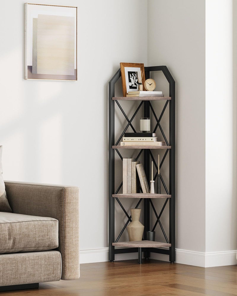 CHOEZON 4-Tier Corner Shelf, Industrial Corner Bookshelf, 47.6" Corner Storage Stand, Plant Stand Display Shelf, Corner Bookcase for Bedroom, Living Room, Home Office, Greige and Black TCJ09BG - Image 1