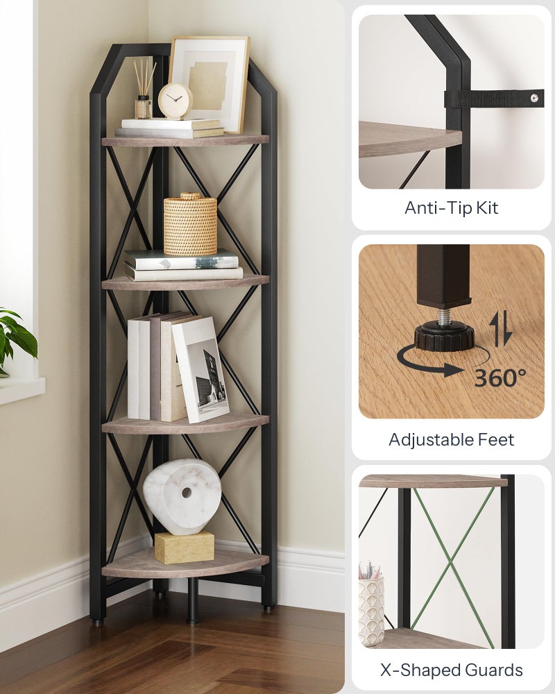CHOEZON 4-Tier Corner Shelf, Industrial Corner Bookshelf, 47.6" Corner Storage Stand, Plant Stand Display Shelf, Corner Bookcase for Bedroom, Living Room, Home Office, Greige and Black TCJ09BG - Image 3