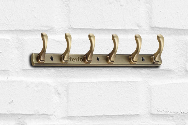FERIO Zinc 6 Pin Hook Cloth Hanger Door Wall Hooks Rail for Hanging Clothes, Bathroom Cloth Hooks Hanger Door Wall Bedroom Bathroom Robe Hook (Pack of 1, Brass Antique) (6 Hook) - Image 3