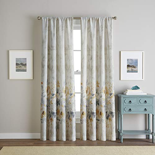 CHF Watercolor Floral Print Single Curtain Panel - Flip Over Rod Pocket Design - 50" x 84", Gold - Image 1