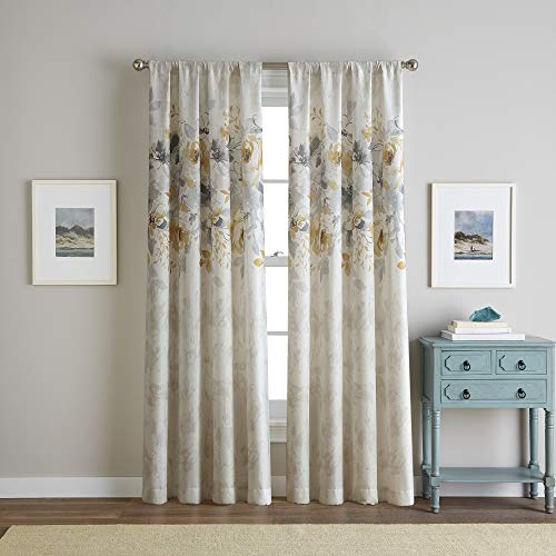 CHF Watercolor Floral Print Single Curtain Panel - Flip Over Rod Pocket Design - 50" x 84", Gold - Image 2