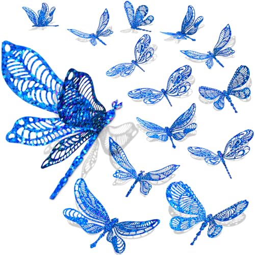 DELEMI 60 Pcs 3D Sequined Dragonfly Wall Decor Stickers, Dragonfly Decorations 4 Styles 3 Sizes, Holographic Decor Backdrop for Kids Dorm Room Wedding Decor(Blue) - Image 1