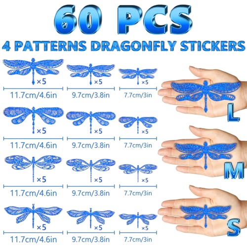 DELEMI 60 Pcs 3D Sequined Dragonfly Wall Decor Stickers, Dragonfly Decorations 4 Styles 3 Sizes, Holographic Decor Backdrop for Kids Dorm Room Wedding Decor(Blue) - Image 3