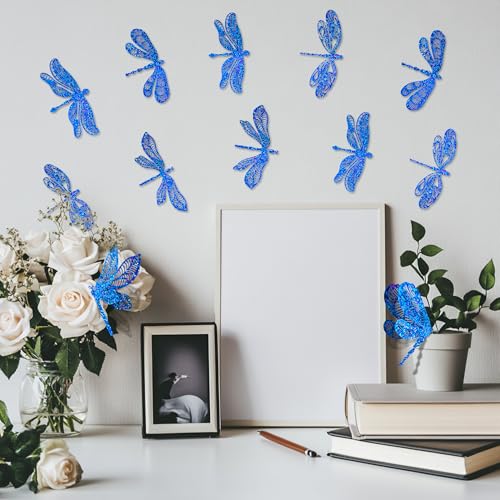 DELEMI 60 Pcs 3D Sequined Dragonfly Wall Decor Stickers, Dragonfly Decorations 4 Styles 3 Sizes, Holographic Decor Backdrop for Kids Dorm Room Wedding Decor(Blue) - Image 4