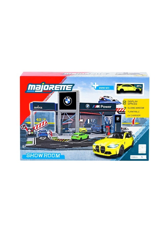 Majorette BMW Showroom Set with BMW M3 Die-cast Car (1:64, Yellow/Blue/Grey) - Image 1