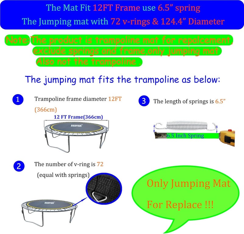 Bzzter Trampoline Mat 12ft, Fit 12 Foot Diameter Trampoline Frame, Replacement Mat with 10 Rows of Stitching, Pull Hook and Gloves - Image 3