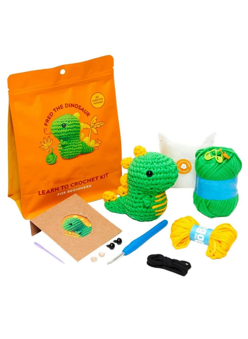 مجموعة مبتدئين للأطفال في الكروشيه: خيوط غزل قطنية، إبر حياكة، خطاف كروشيه، أدوات حياكة، مجموعة أعمال يدوية لصنع حيوانات للمبتدئين (ديناصور، وحيد قرن، باندا، فيل)، نشاط تعليمي إبداعي ممتع، هدية - Image 1